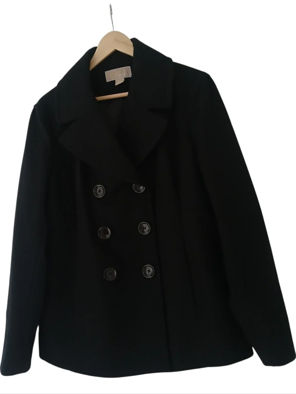 Women's MICHAEL Michael Kors Black Double-Breasted Peacoat Wool Blend XL